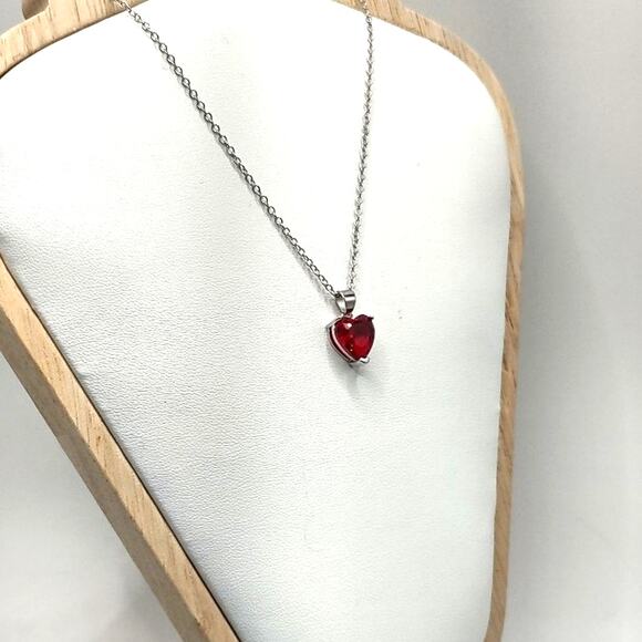 925 Sterling Silver Necklace Red Lab Ruby Heart Pendant Valentines Birthday Gift